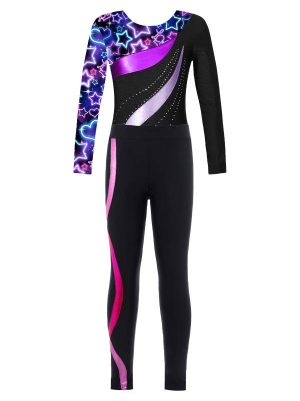 Kids Girls 2pcs Long Sleeve Rhinestones Leotard and Pants Skating Outfits thumb
