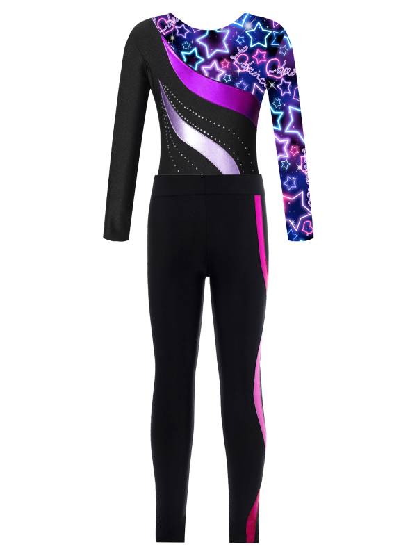 Kids Girls 2pcs Long Sleeve Rhinestones Leotard and Pants Skating Outfits thumb