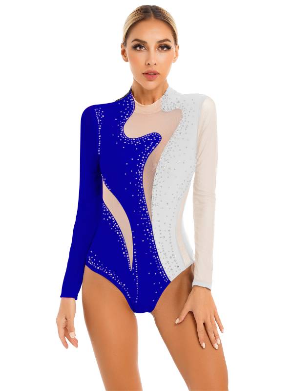 Women Color Block Long Sleeve Gymnastics Acrobatics Dance Leotard thumb