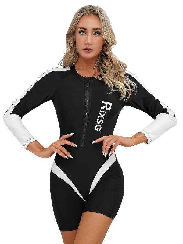 Women Long Sleeve Colorblock One-piece Swimsuit thumb