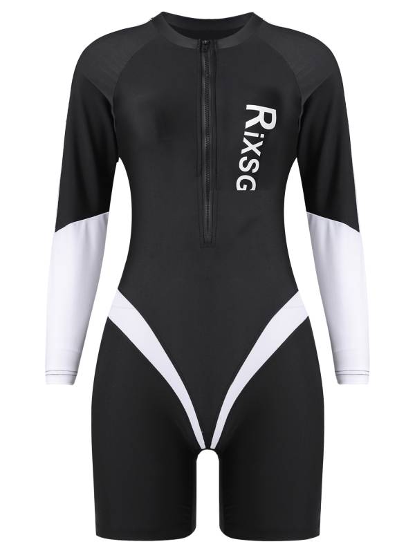 Women Long Sleeve Colorblock One-piece Swimsuit thumb