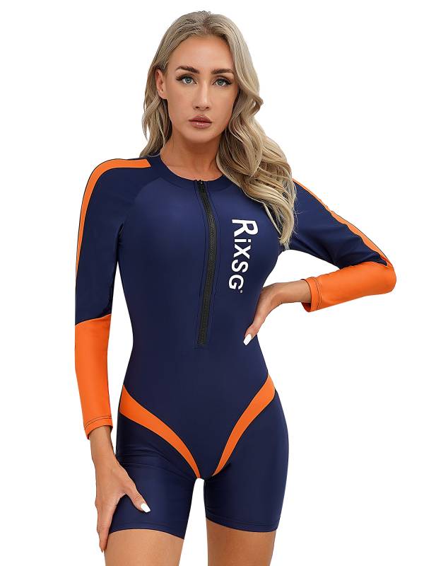 Women Long Sleeve Colorblock One-piece Swimsuit thumb