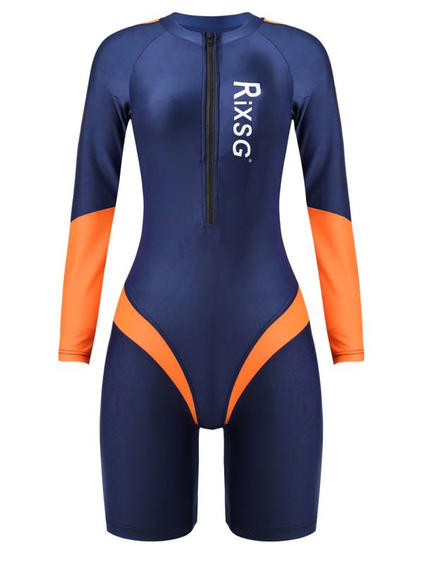 Women Long Sleeve Colorblock One-piece Swimsuit thumb
