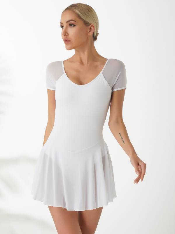 Women Short Sleeve Ruffled Skirted Leotard Dress for Ballet Gymnastics thumb