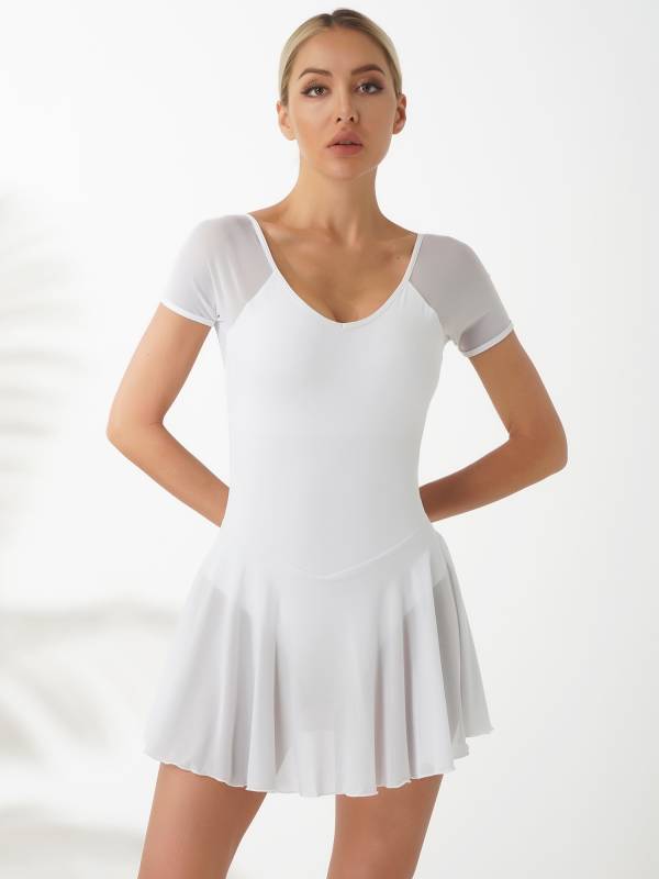 Women Short Sleeve Ruffled Skirted Leotard Dress for Ballet Gymnastics thumb