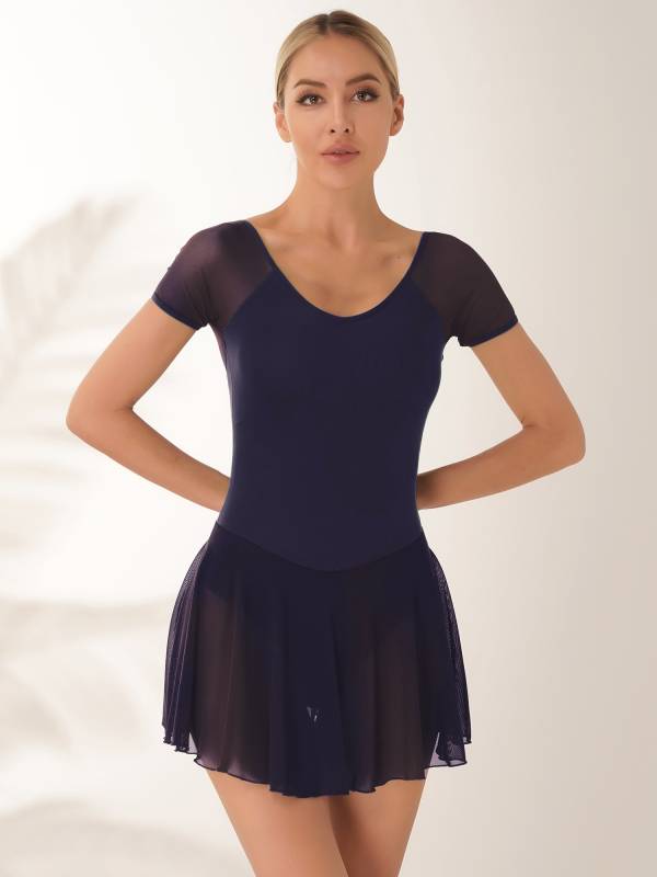 Women Short Sleeve Ruffled Skirted Leotard Dress for Ballet Gymnastics thumb