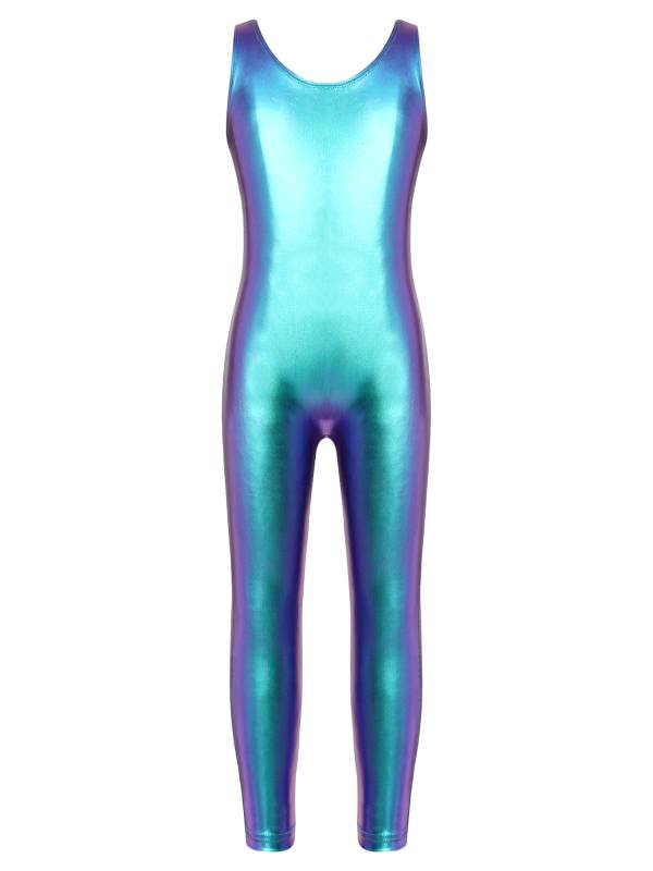 Kids Girls Sleeveless Glossy Metallic Gymnastics Unitard thumb