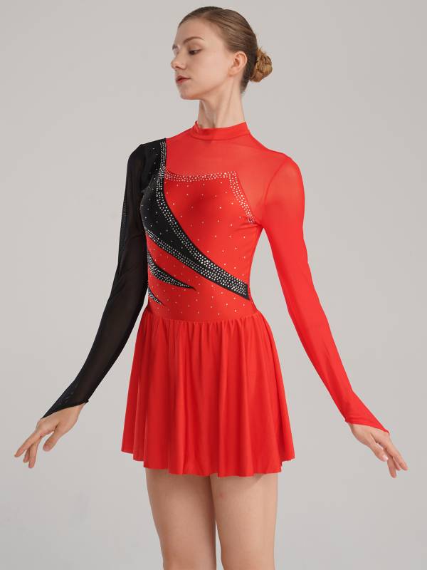Women Color Block Mesh Figure Skating Leotard Dresses thumb