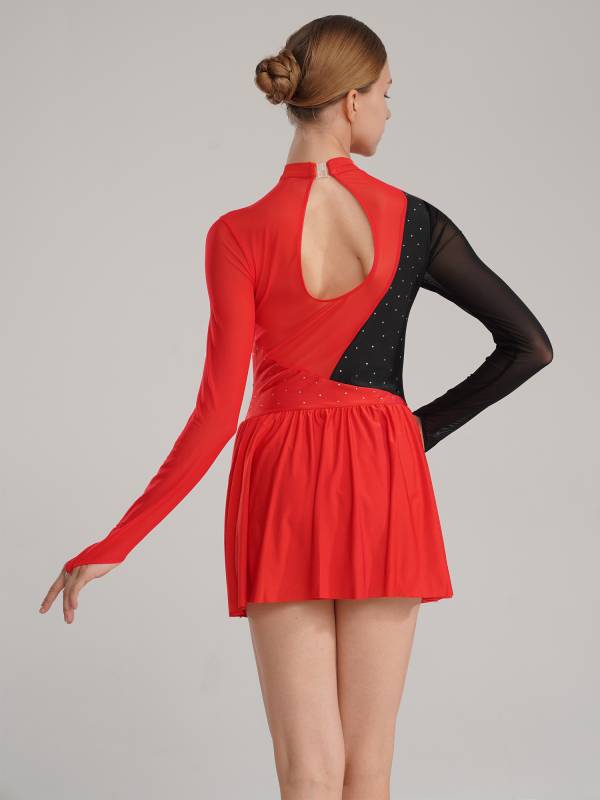 Women Color Block Mesh Figure Skating Leotard Dresses thumb