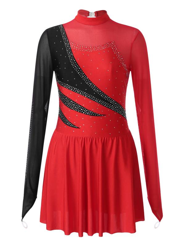 Women Color Block Mesh Figure Skating Leotard Dresses thumb