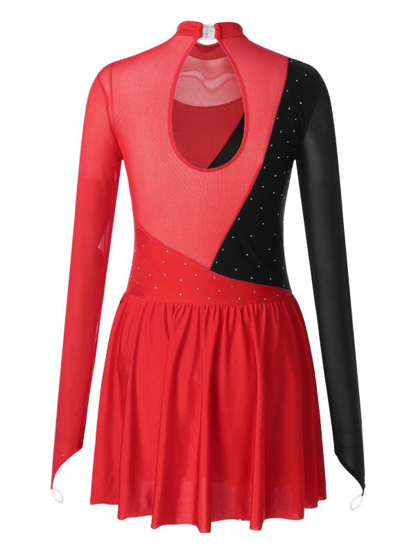 Women Color Block Mesh Figure Skating Leotard Dresses thumb