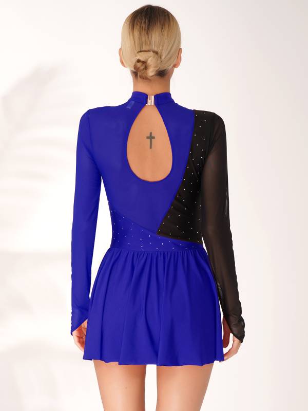 Women Color Block Mesh Figure Skating Leotard Dresses thumb