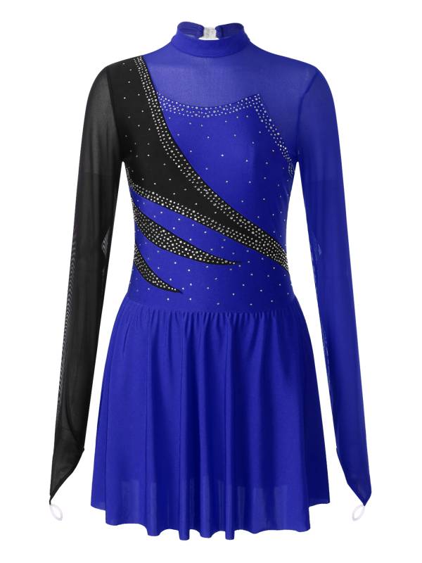 Women Color Block Mesh Figure Skating Leotard Dresses thumb