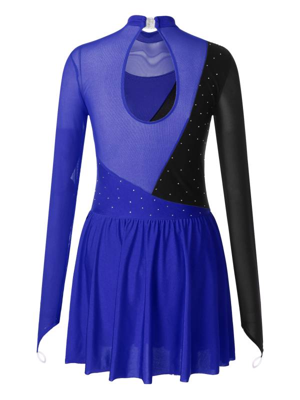 Women Color Block Mesh Figure Skating Leotard Dresses thumb