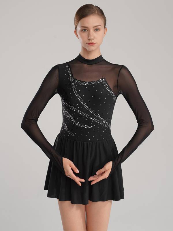 Women Color Block Mesh Figure Skating Leotard Dresses thumb
