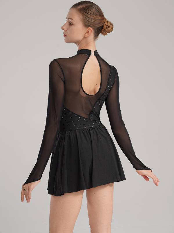 Women Color Block Mesh Figure Skating Leotard Dresses thumb