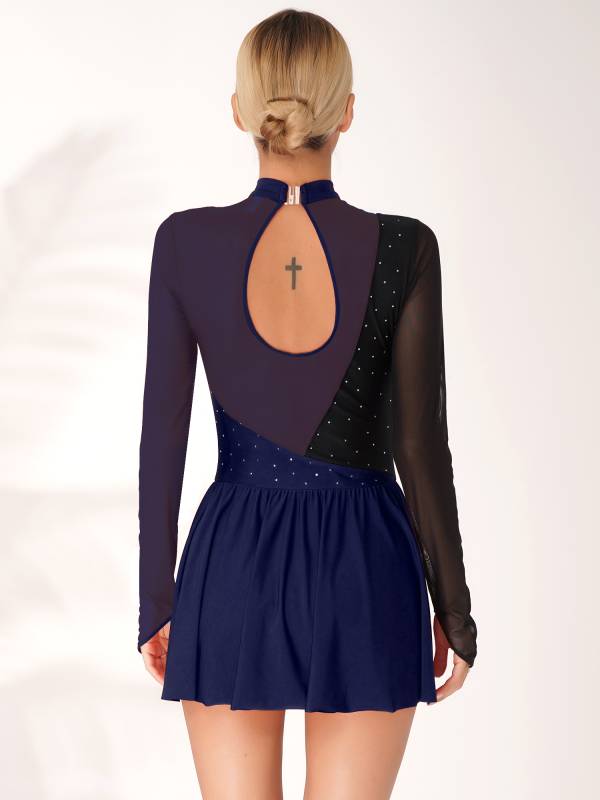 Women Color Block Mesh Figure Skating Leotard Dresses thumb