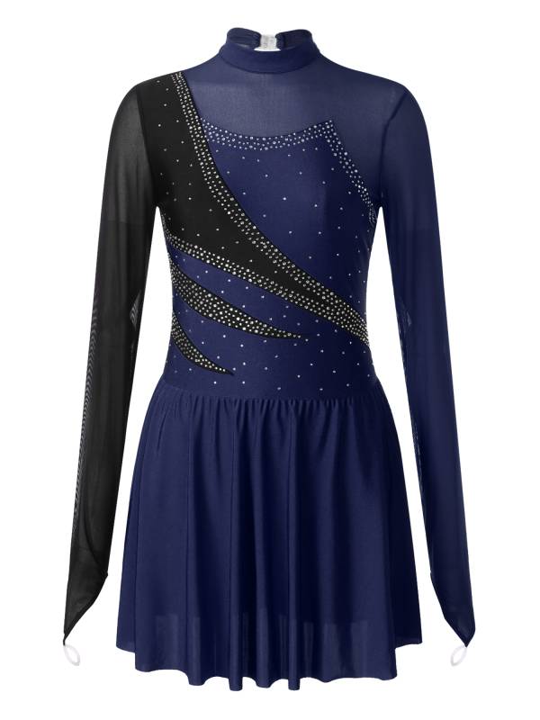 Women Color Block Mesh Figure Skating Leotard Dresses thumb