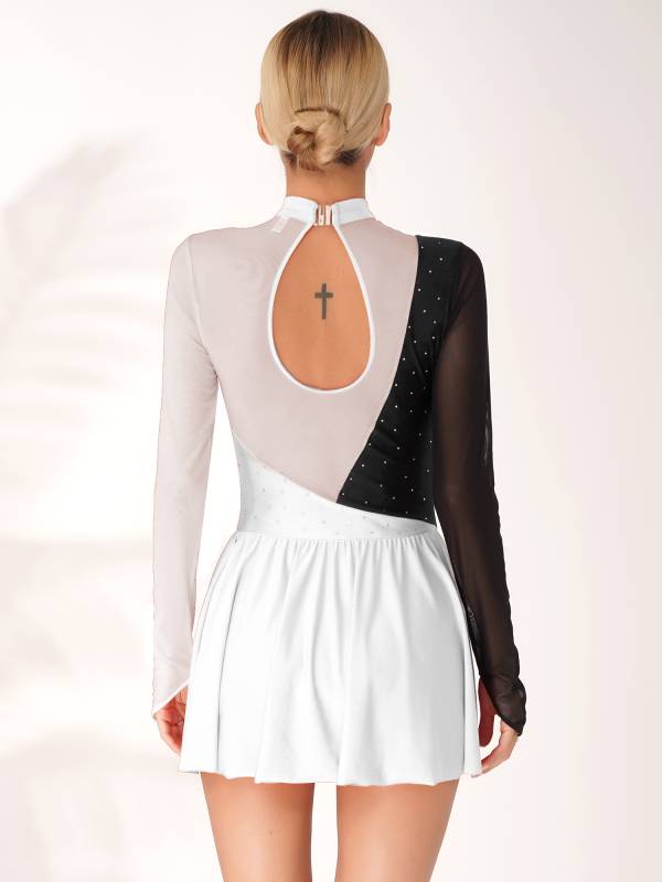 Women Color Block Mesh Figure Skating Leotard Dresses thumb