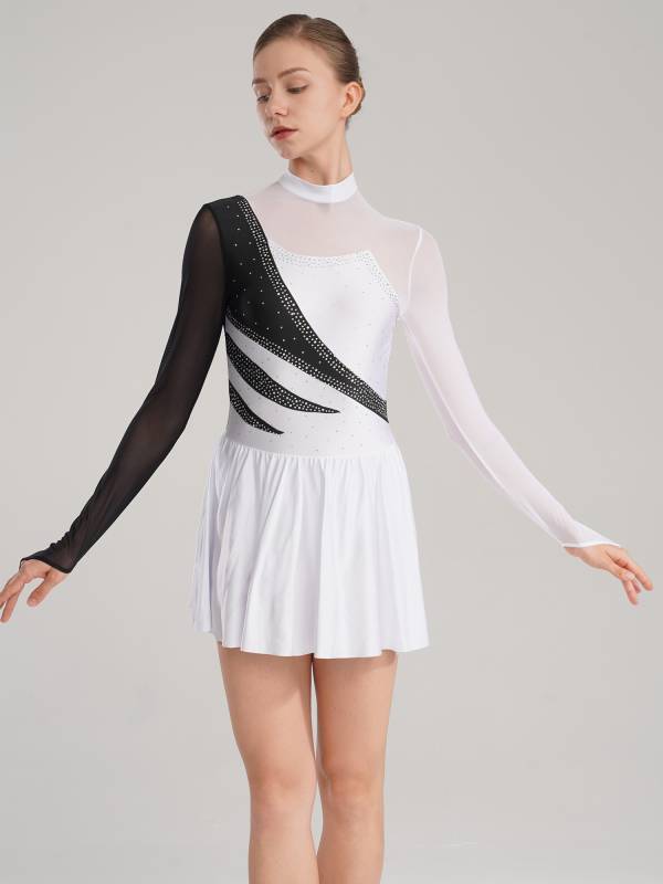 Women Color Block Mesh Figure Skating Leotard Dresses thumb