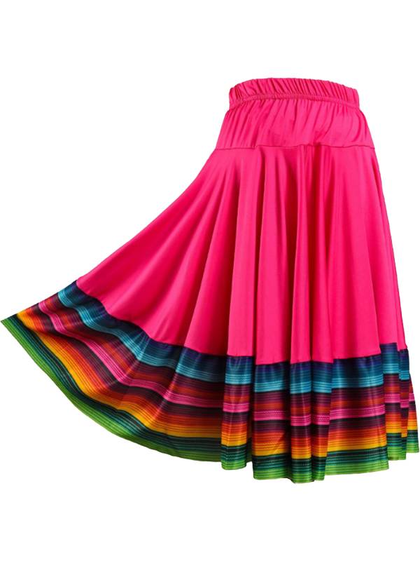 Women Rainbow Stripe Flamenco Folk Dance Midi Skirt thumb