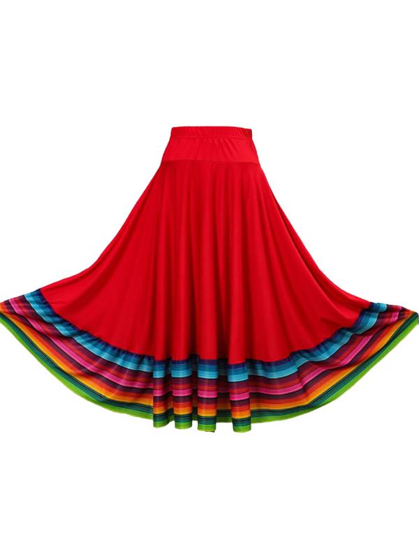 Women Rainbow Stripe Flamenco Folk Dance Midi Skirt thumb