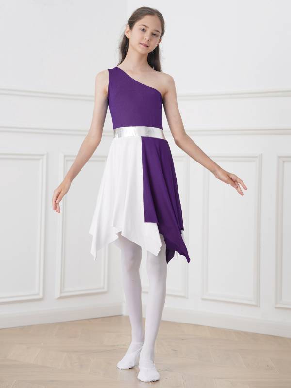 Kids Girls Sleeveless One Shoulder Tunic Praise & Worship Dance Dress thumb