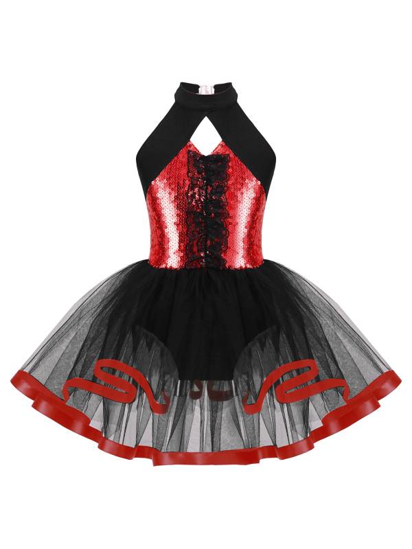 Kids Girls Sleeveless Sequins Ruffle Ballet Dance Leotard Tutu Dress thumb