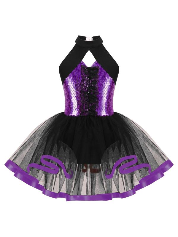 Kids Girls Sleeveless Sequins Ruffle Ballet Dance Leotard Tutu Dress thumb