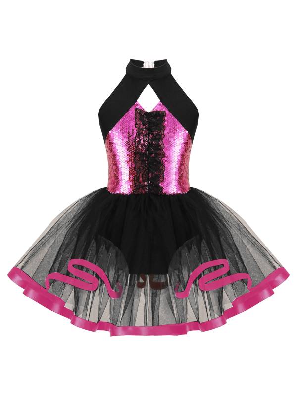 Kids Girls Sleeveless Sequins Ruffle Ballet Dance Leotard Tutu Dress thumb