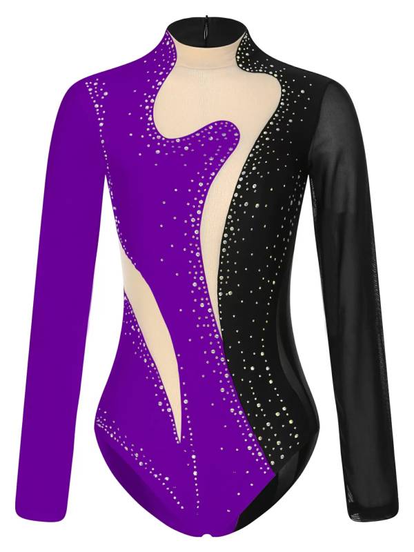 Women Color Block Long Sleeve Gymnastics Acrobatics Dance Leotard thumb
