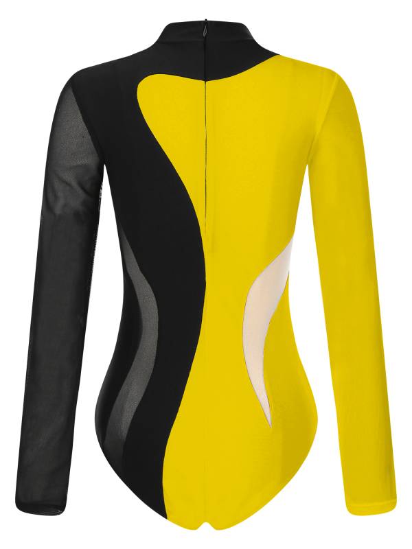 Women Color Block Long Sleeve Gymnastics Acrobatics Dance Leotard thumb