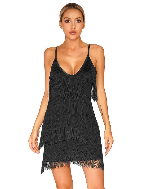 Women Deep V Neck Tiered Tassel Latin Dance Dresses thumb