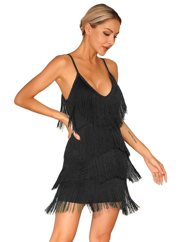 Women Deep V Neck Tiered Tassel Latin Dance Dresses thumb