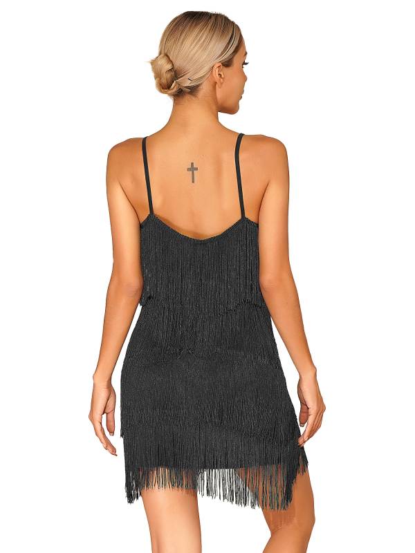 Women Deep V Neck Tiered Tassel Latin Dance Dresses thumb