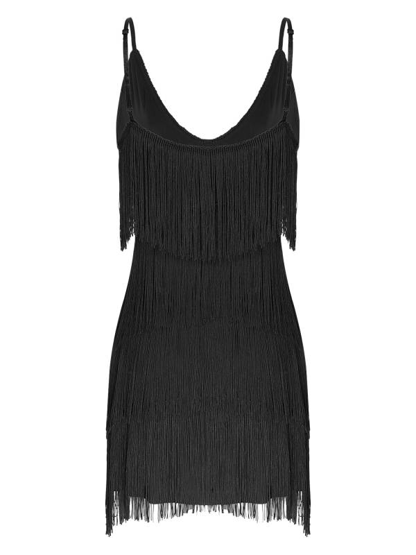 Women Deep V Neck Tiered Tassel Latin Dance Dresses thumb