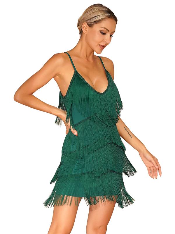 Women Deep V Neck Tiered Tassel Latin Dance Dresses thumb