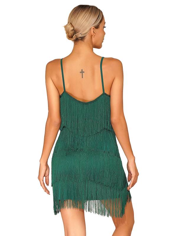 Women Deep V Neck Tiered Tassel Latin Dance Dresses thumb