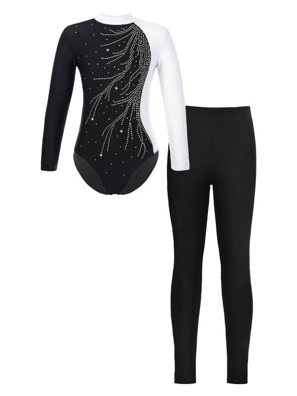 Kids Girls 2pcs Long Sleeve Mock Neck Leotard and Leggings Gymnastic Set thumb