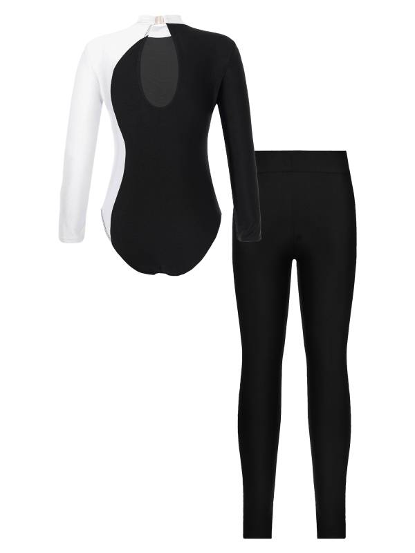 Kids Girls 2pcs Long Sleeve Mock Neck Leotard and Leggings Gymnastic Set thumb