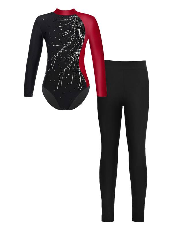 Kids Girls 2pcs Long Sleeve Mock Neck Leotard and Leggings Gymnastic Set thumb