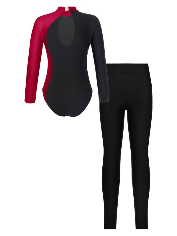 Kids Girls 2pcs Long Sleeve Mock Neck Leotard and Leggings Gymnastic Set thumb