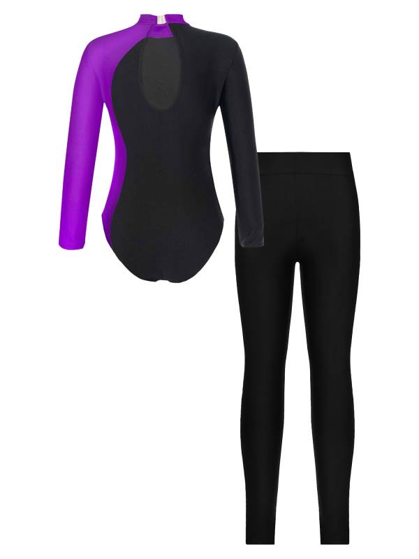 Kids Girls 2pcs Long Sleeve Mock Neck Leotard and Leggings Gymnastic Set thumb