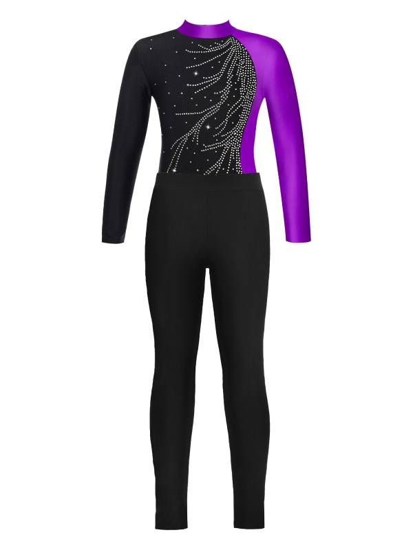 Kids Girls 2pcs Long Sleeve Mock Neck Leotard and Leggings Gymnastic Set thumb