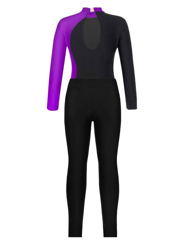 Kids Girls 2pcs Long Sleeve Mock Neck Leotard and Leggings Gymnastic Set thumb