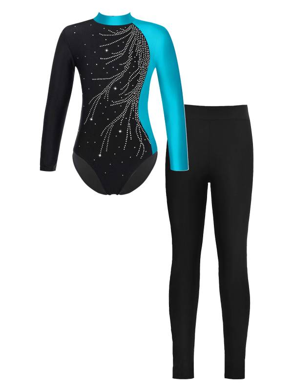 Kids Girls 2pcs Long Sleeve Mock Neck Leotard and Leggings Gymnastic Set thumb