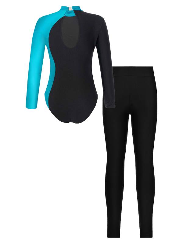 Kids Girls 2pcs Long Sleeve Mock Neck Leotard and Leggings Gymnastic Set thumb