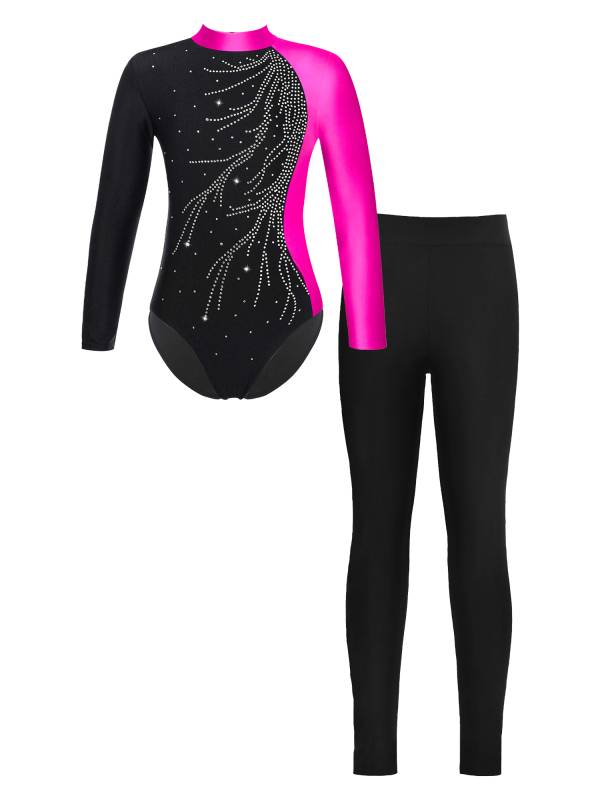Kids Girls 2pcs Long Sleeve Mock Neck Leotard and Leggings Gymnastic Set thumb