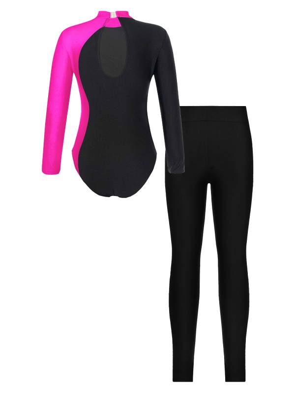 Kids Girls 2pcs Long Sleeve Mock Neck Leotard and Leggings Gymnastic Set thumb