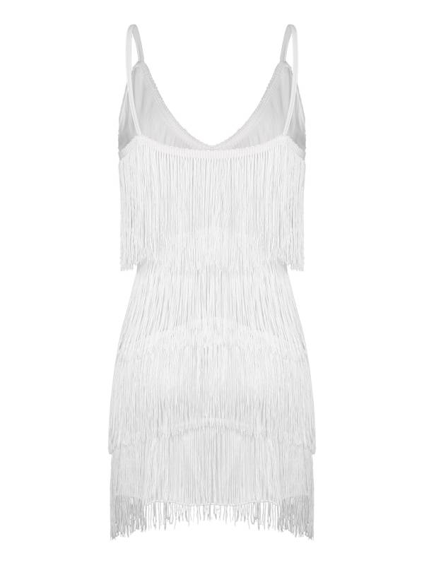 Women Deep V Neck Tiered Tassel Latin Dance Dresses thumb